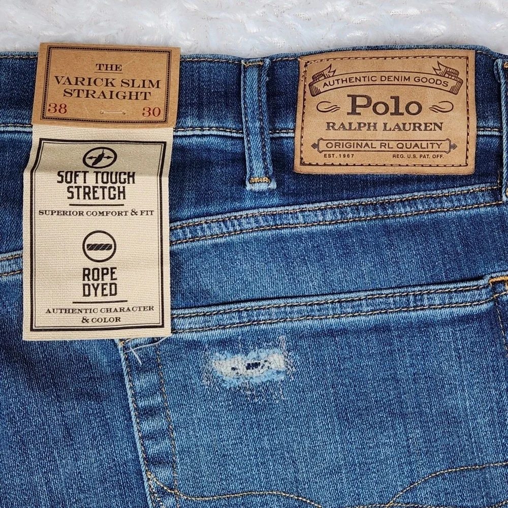 NWT Polo Ralph Lauren Varick‎ Slim Straight Jeans 38/30 Fit 40/30 Rope Dyed Blue